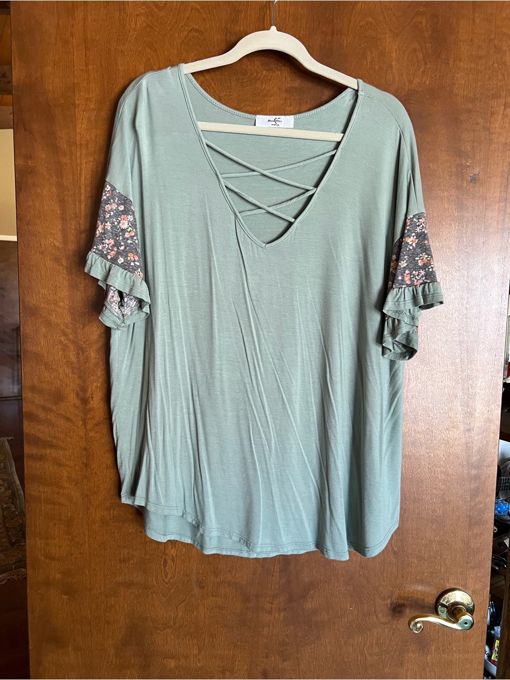 Moa Moa Sage Green Crisscross V-Neck Ruffle Sleeve Tee